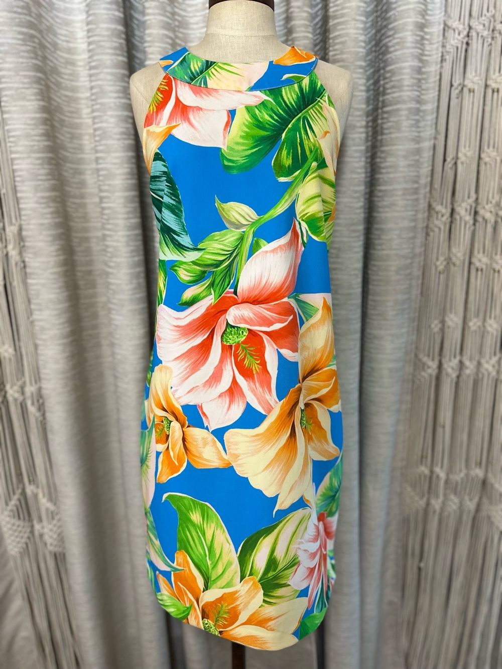 Boston Proper Tropical Floral Shift Dress Blue Orange Green Sleeveless Size M